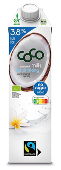 Coconut Milk - Napój Kokosowy Do Picia 3,8 % Tłuszczu Bez Dodatku Cukrów Fair Trade BIO (2 szt x 1 l)