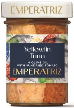 Tuńczyk Żółtopłetwy Filety Msc w Oliwie z Oliwek z Suszonymi Pomidorami 180 g (120 g) (Słoik)