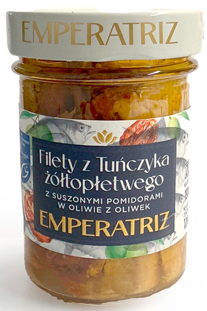 Tuńczyk Żółtopłetwy Filety Msc w Oliwie z Oliwek z Suszonymi Pomidorami 180 g (120 g) (Słoik)