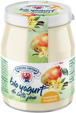 Jogurt Mango - Wanilia z Mleka Siennego Bezglutenowy BIO  (Słoik) - Sterzing (4 szt x 150 g)